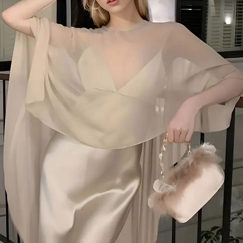 Women Fashion Summer Poncho Tops Asymmetric Tulle Cape Coat Vintage Elegant Chiffon Long Shawl Wraps Evening Wedding Cover Up