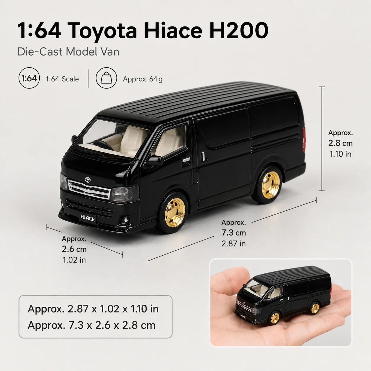 1:64 Hiace H200 Version Van Diecast Model, Sliding Toy Car with Shock Absorber, Collection Ornament