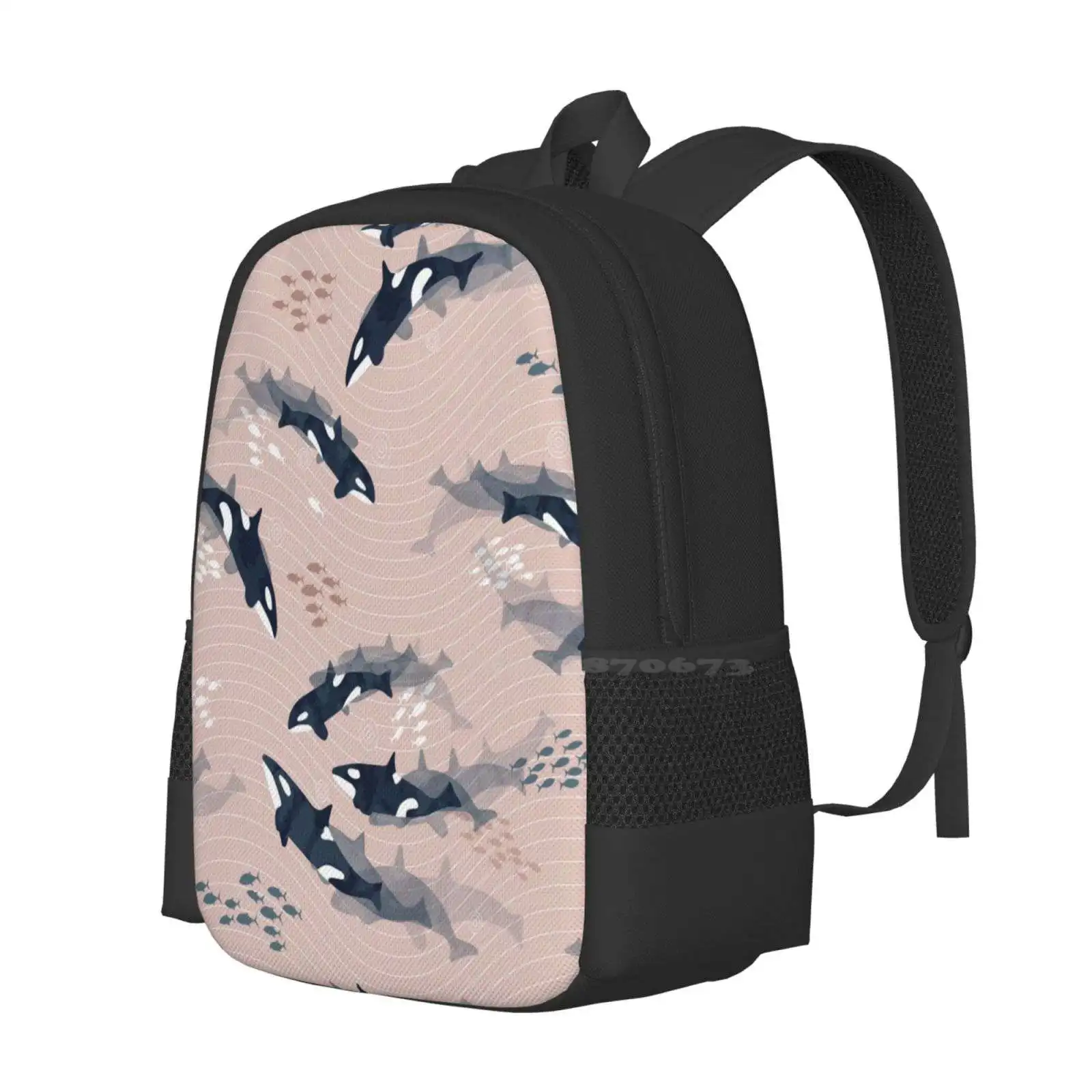 Orca In Motion / Blush Ocean Pattern Hot Sale Schoolbag Backpack Fashion Bags Killer Whale Fish Sea Motion Blue Gray Pink