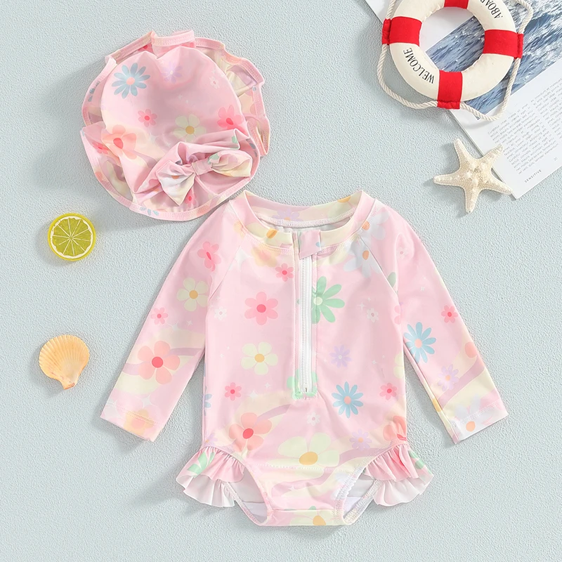 

Summer Baby Swimsuit Girl Floral Swimwear Ruffle Zipper Long Sleeve Toddler Bathing Suits