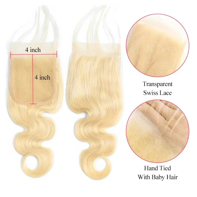 قسط 12A # 613 4x4 الدانتيل الشفاف إغلاق الجسم موجة مع 3 حزم 10-22 "البرازيلي عذراء شعر ريمي كامل اليد النسيج