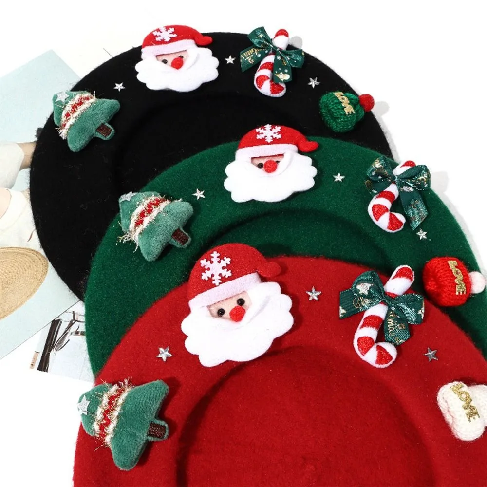 Red Green Color Christmas Beret Hat Soft Warm Fabric Wool Felt Material Painter Beret Hat Bow Design High Quality Wool Beret Hat