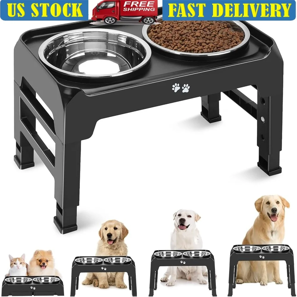 

Foldable Adjustable Dog Bowl Stand with Non-Slip Base and Large Stainless Steel Bowls Ideal Easy Feeding