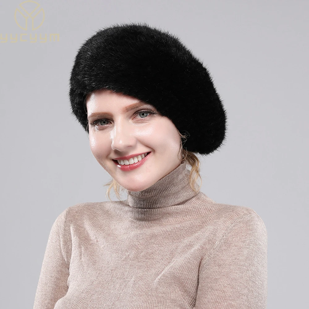 Real Mink Fur Berets Elegant Women's Winter Caps New Design Fashion Fur Hats Knitted Warm Natural Mink Fur Beanies Hat