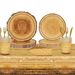 Hunting Birthday HOME Wood Grain Round Party Supply Camping Plate Tablecloth Cup Napkins Wood Slice Tableware Decorations Hunter