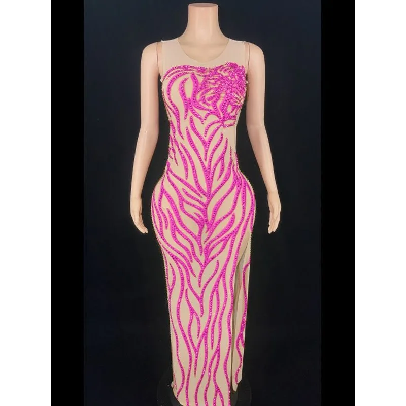 หลายสี Rhinestone มุมมองตาข่าย Elastic Slim Dress เซ็กซี่ STAGE Performance เสื้อผ้าผู้หญิงชุดสําหรับงานปาร์ตี้และงานแต่งงาน