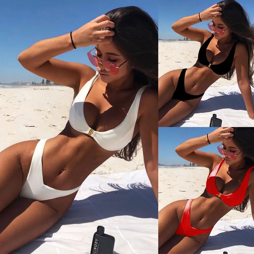 Fashion Solid Color Summer Women Bikini Set Low Waist V Thong Beach Wear Brazilian Bathing Suit Push Up Sexy Swimsuit Set