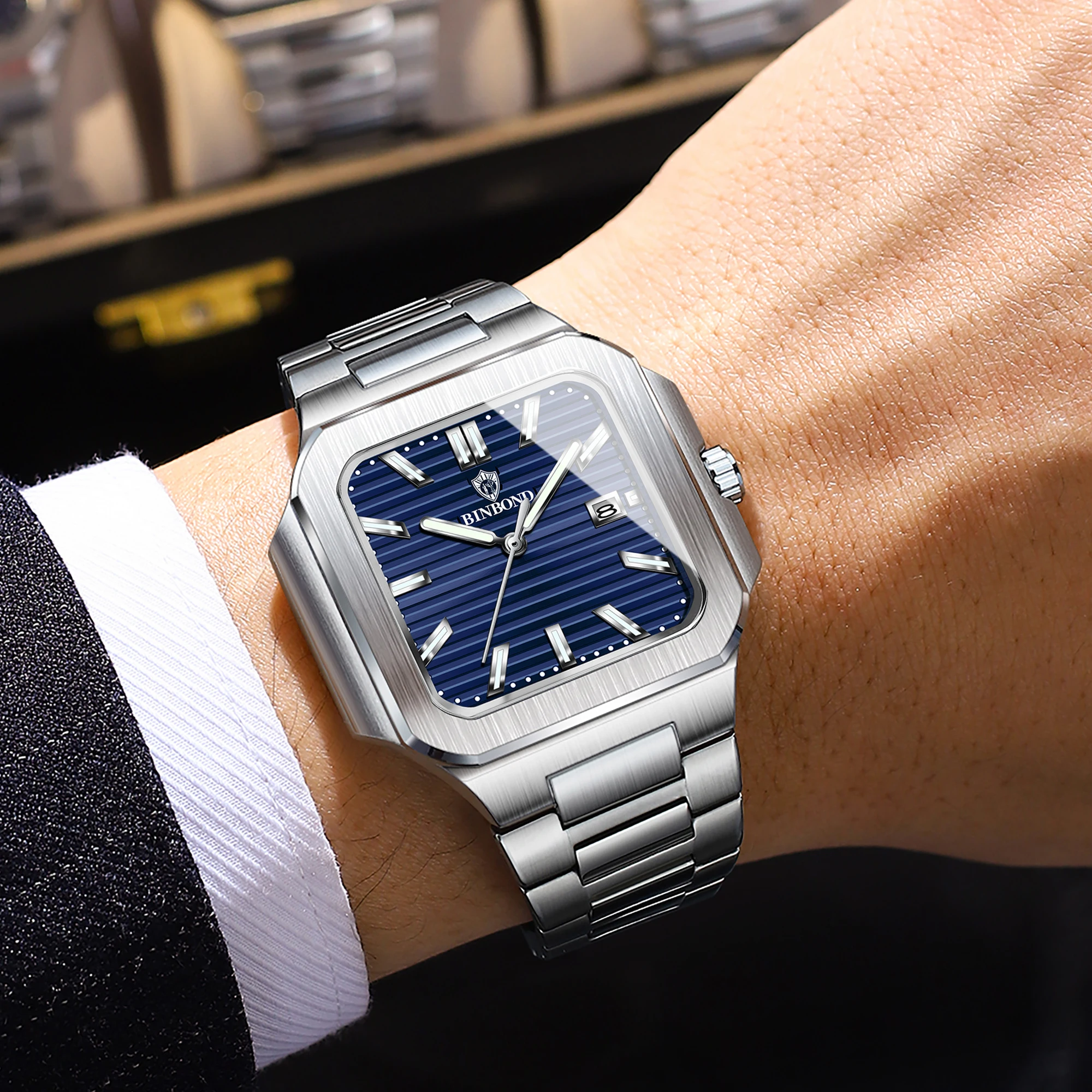 빈본드 비즈니스 남성 시계 방수 야광 달력 크로노그래프 사각 남성 시계 스테인리스 스틸 쿼츠 남성 시계 레로즈