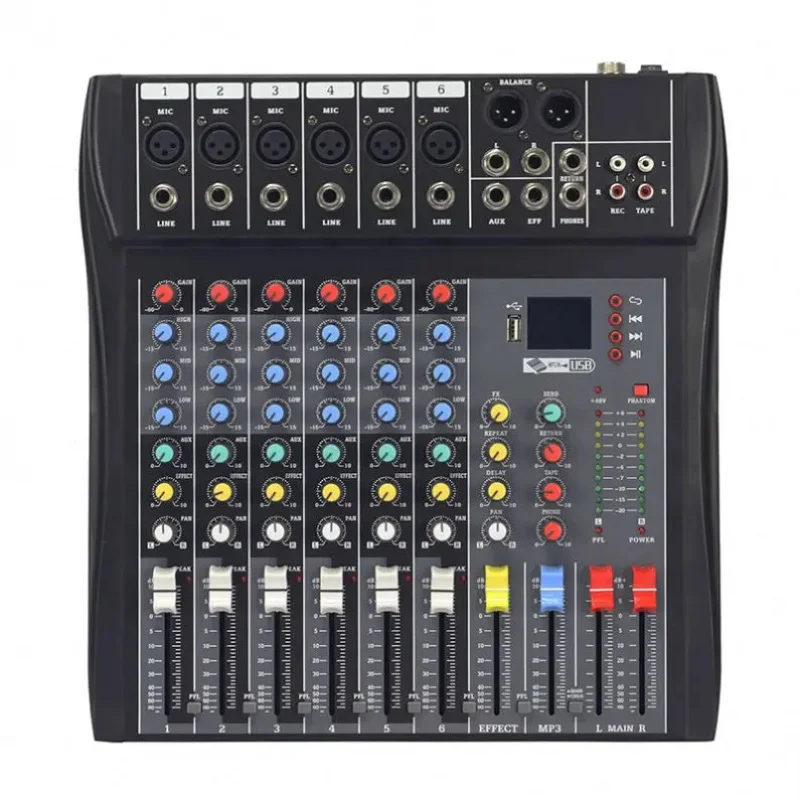 6-Channel USB Audio Mixer with 99 DSP Effects 48V Phantom Power BT for Home Studio Karaoke DJ Recording New