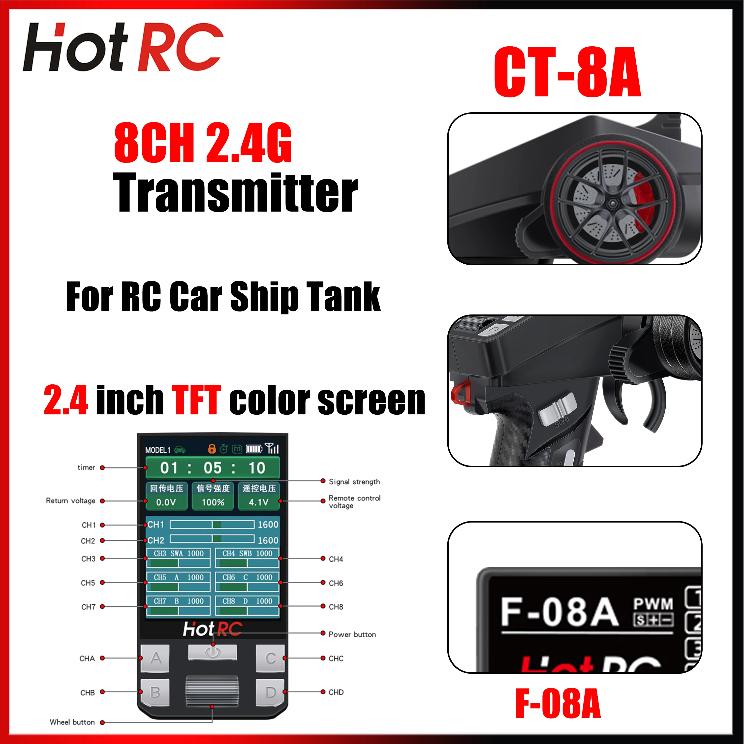 

HotRC CT-8A 2.4G 8-Channel Radio System Remote Control Transmitter with F-08A/F-08AT Receiver for RC Car Tank Climbing Drift