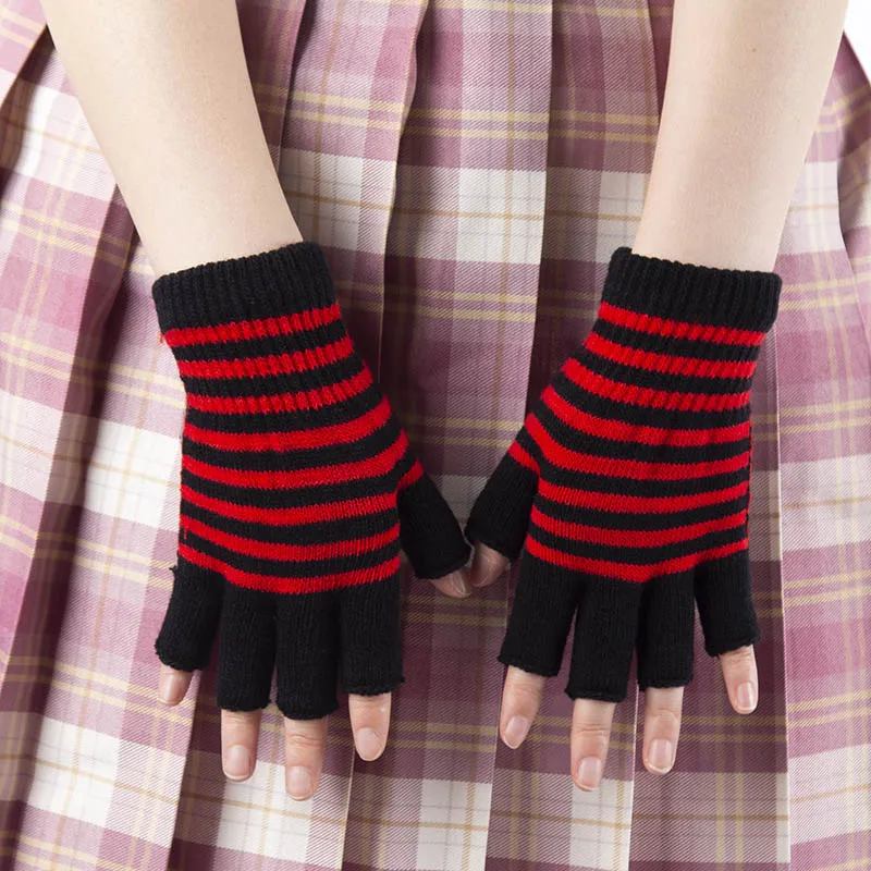 1Pair Unisex Black Stripes Half Finger Fingerless Gloves for Women Wool Knit Wrist Cotton Gloves Winter Warm Men Workout Gloves