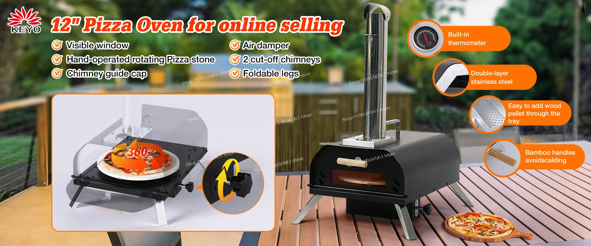 Portable Rotating Pizza Oven with Pizza Stone Wood Pellet Foldable Outdoor Pizza Maker
