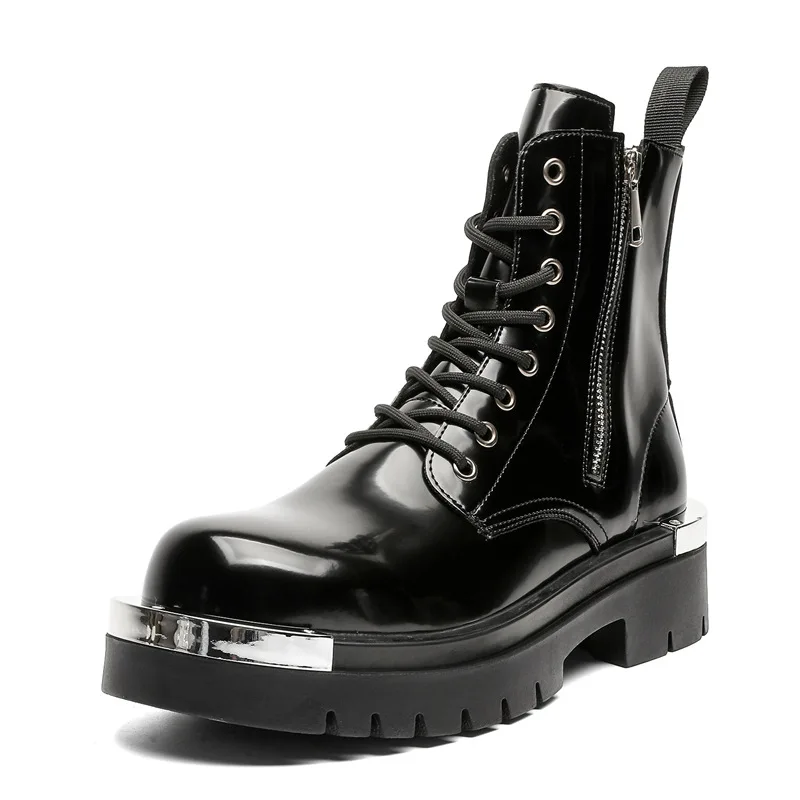 mens fashion stage nightclub dress high motorcycle boots black trendy patent leather shoes cowboy platform boot knight botas man