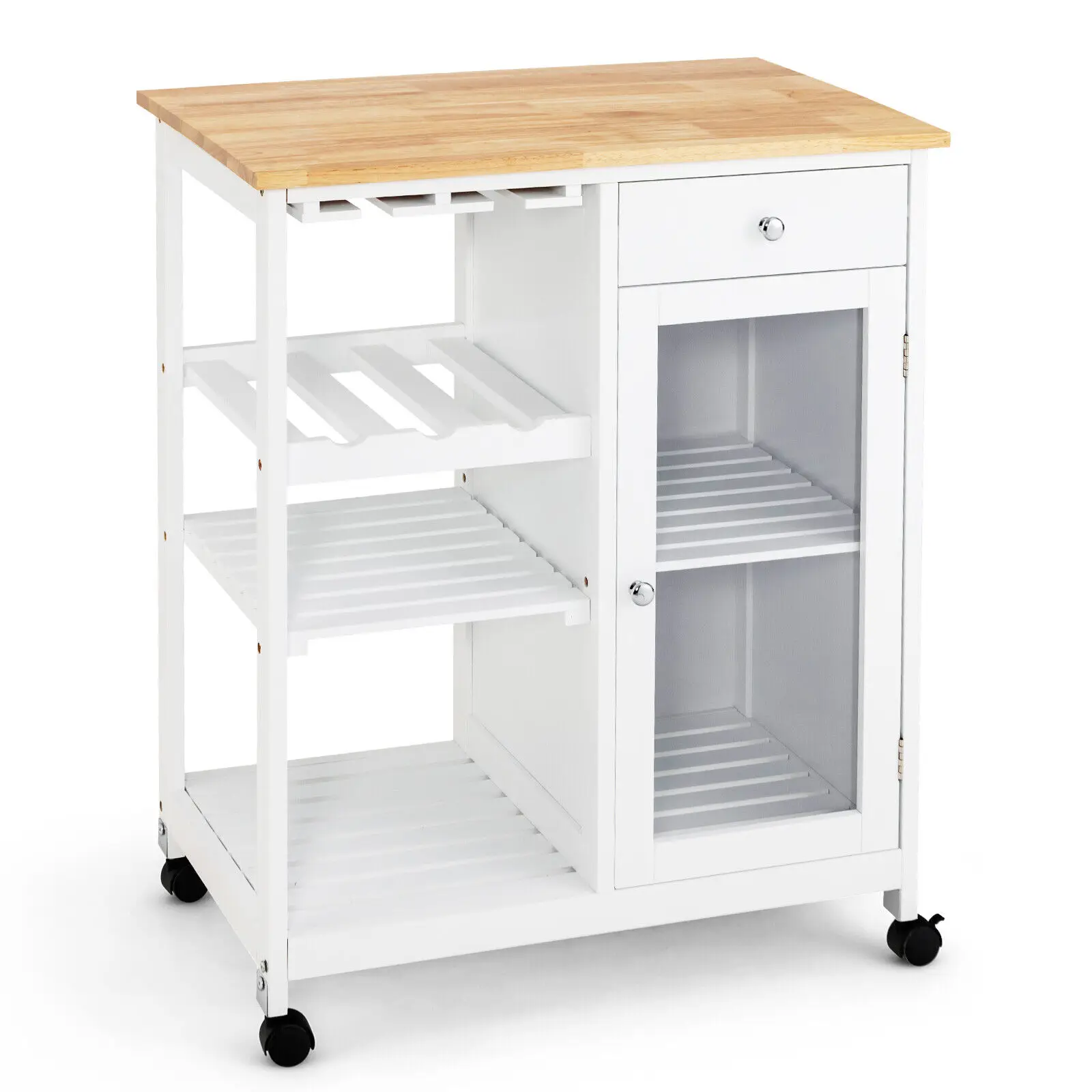 Costway Rolling Kitchen Island Wood Top Trolley Cart Storage Cabinet w/Shelf & Wine Rack