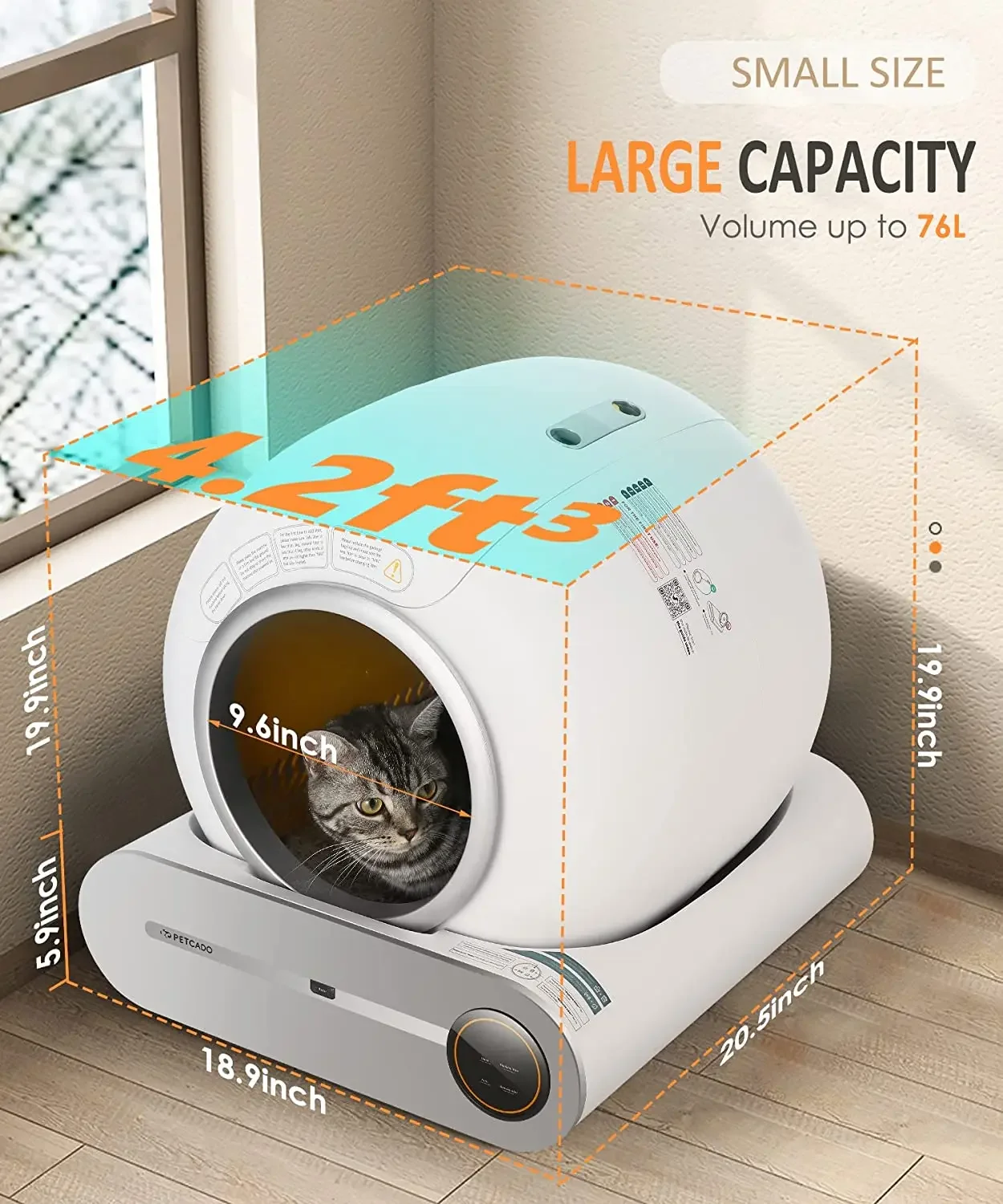 Self-Cleaning Cat Litter Box Automatic Cat Litter Box PETCADO 24H for No Scooping with APP Control Odor Removal Safe Lock,