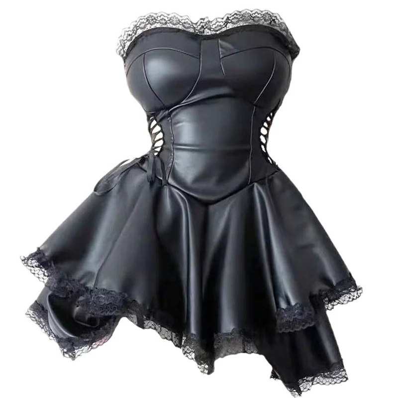 Women Side Hollow Out Corseted Sex Erotica Dress Wrap Bust Lace Splice Hem Dresses Female Sexy Black Leather Backless Short Gown