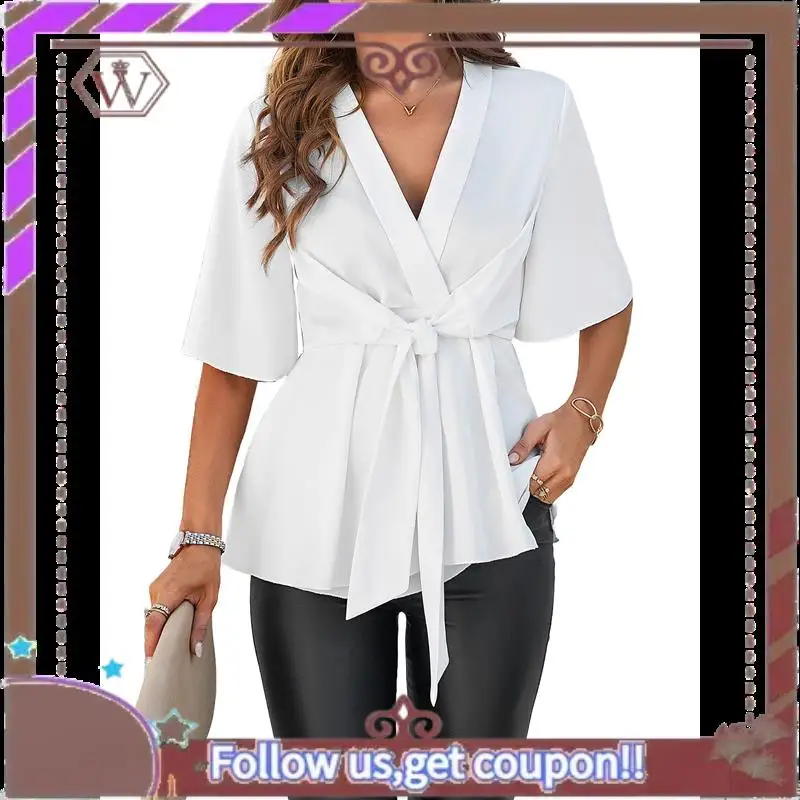 

A95D-Women's Elegant V Neck Peplum Tops Tie Front Short Bell Sleeve Shirts Tops Blouse