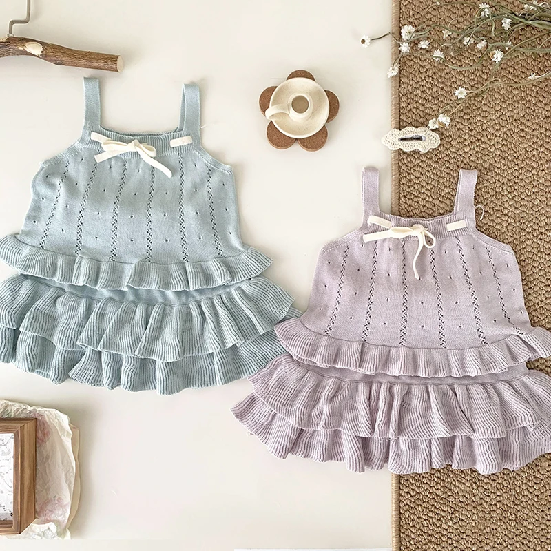 0-5Yrs Girl's Clothing Sets Summer Korean Thin Knitted Girl Set Children Hollow Breathable Vest + Tutu cake skirt Two-piece Suit