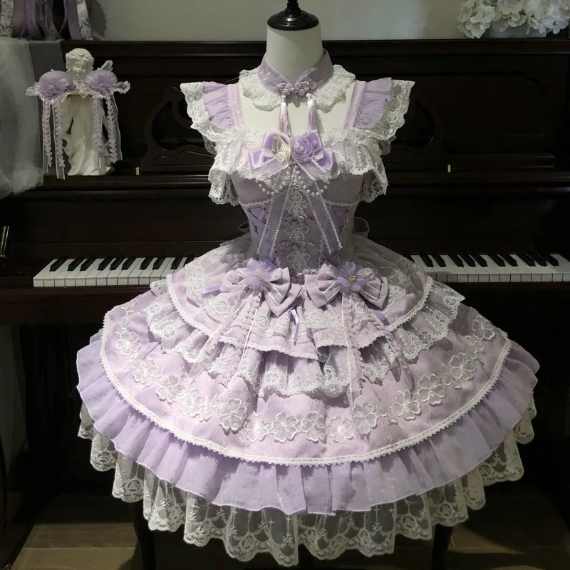 オリジナルスイートキュートガール誕生日パーティー プリンセスLOショートドレス 3Dボウレーススプライス パフスリーブ カワイイピンク ロリータJSKドレス 女性用