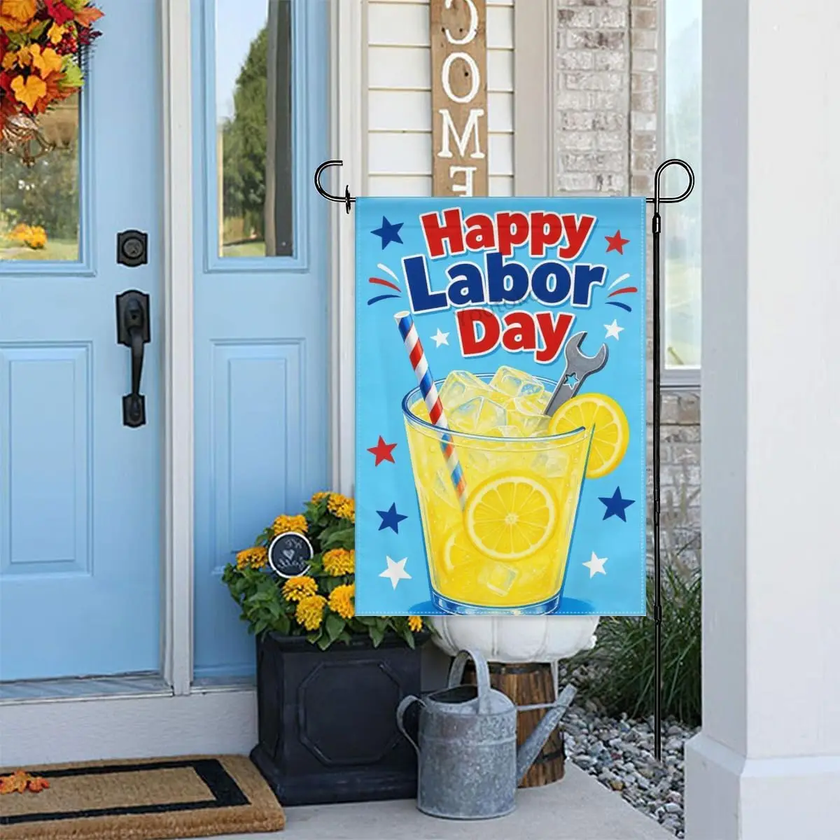 Labor Day Lemonade Garden Flag Yellow Drink with Flags and Straw Drink Happy Labor Day Text 12x18 Inch Double Sided Polyeste aaz