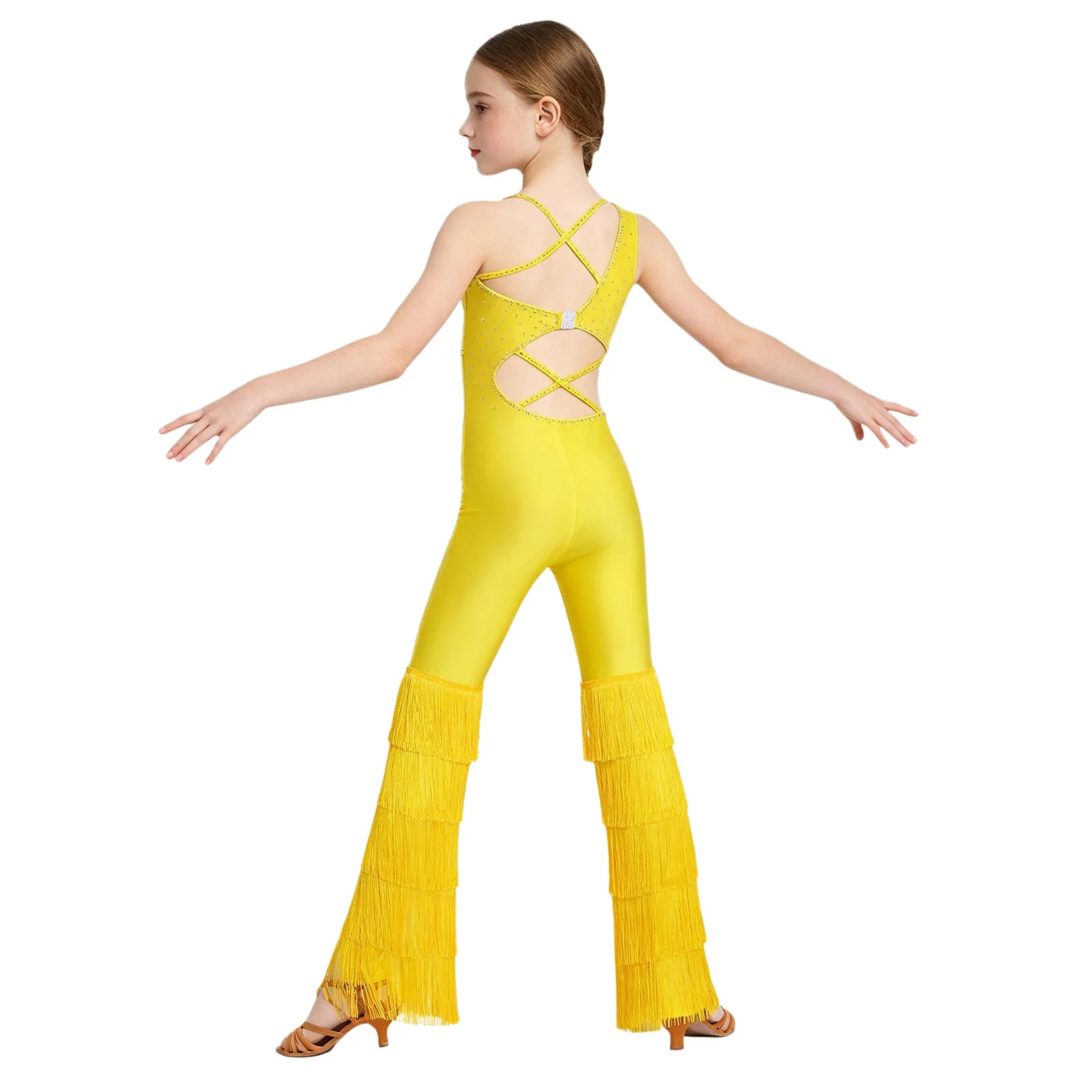 Kids Girls Latin Dance Tango Cha-cha Salsa Jumpsuit Cutout Sleeveless Shiny Rhinestone Tassel Bodysuit Modern Ballroom Costume