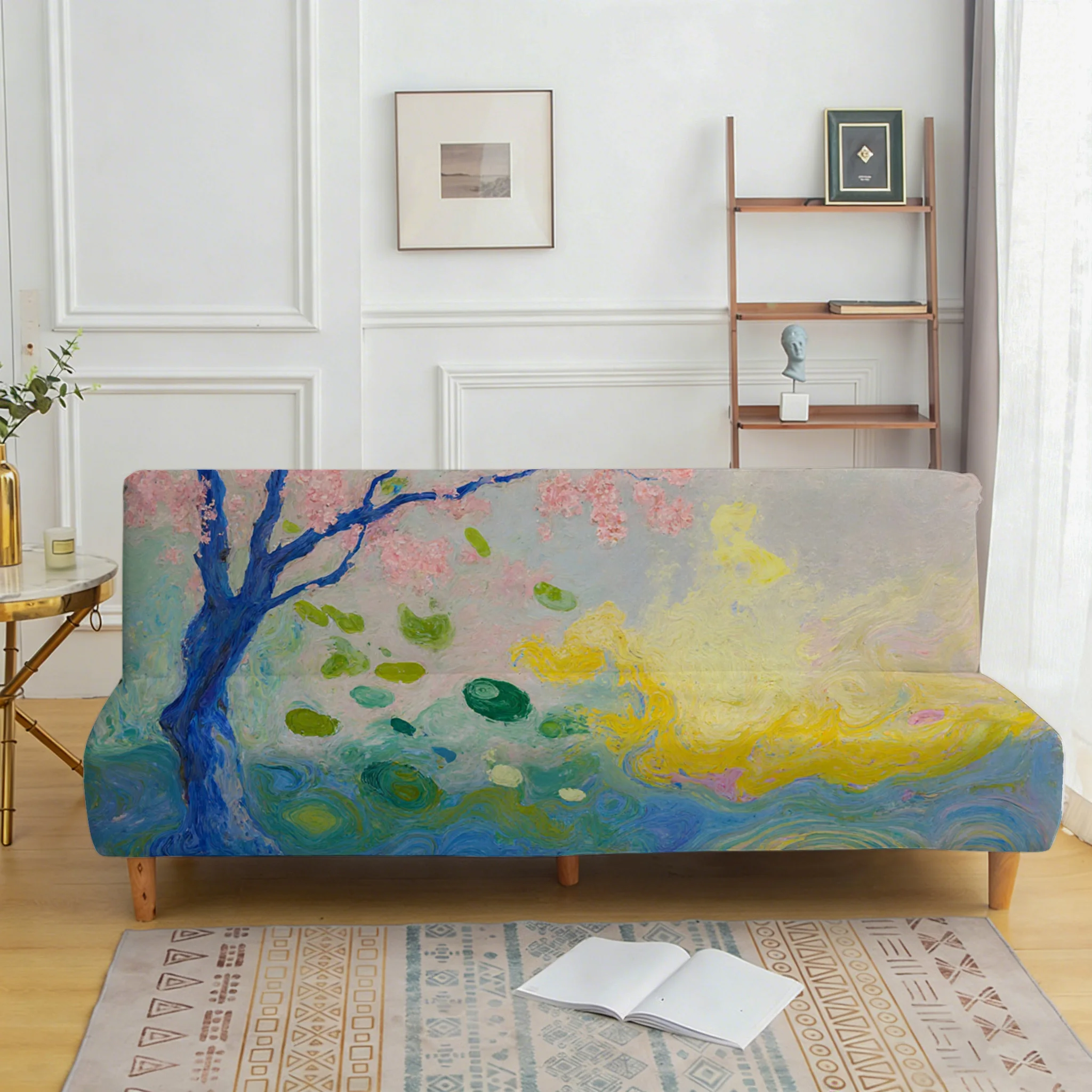 Impressionist cherry blossom tree elastic sofa bed cover, living room sofa bed cover, dustproof machine washable sofa bed cover