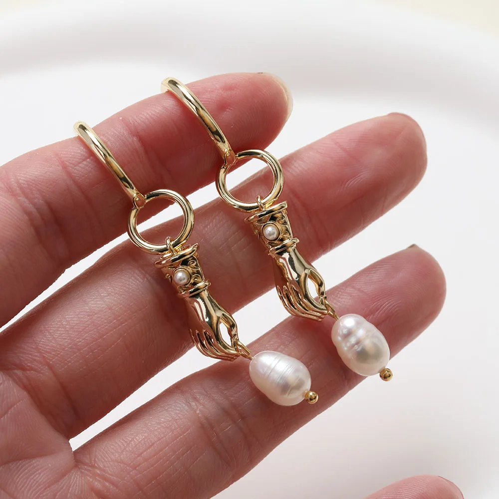 2PCS 14K Gold Plated Double Holes Charms Inlaid Pearl Hand Gesture Pendant DIY Making Jewelry Accessorie