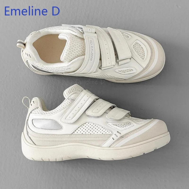 Male Mesh Casual Sneakers Multi Magic Tape Design Round Toe Non Slip Thick Flat Sole Breathable Upper Trendy Street Daily Shoes