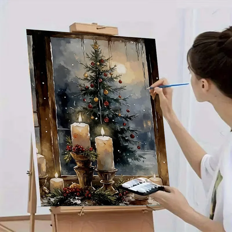 Professional Art Use, 2D Flat, Gratitude/Christmas Adult Beginner DIY Frameless Paint by Numbers Kit, Winter Windowside Christma