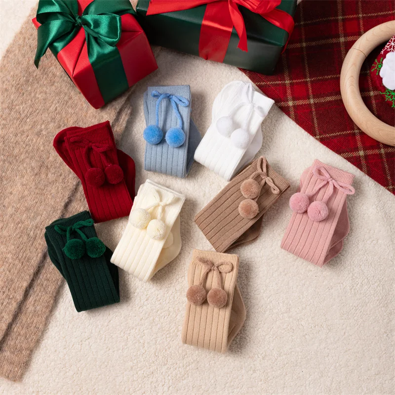 3Pairs/Lot Baby Ball Knee High Socks Soft Cotton Kids Girls Cute Stripe Solid Sock Spanish Children Long Socken For 0-8Years