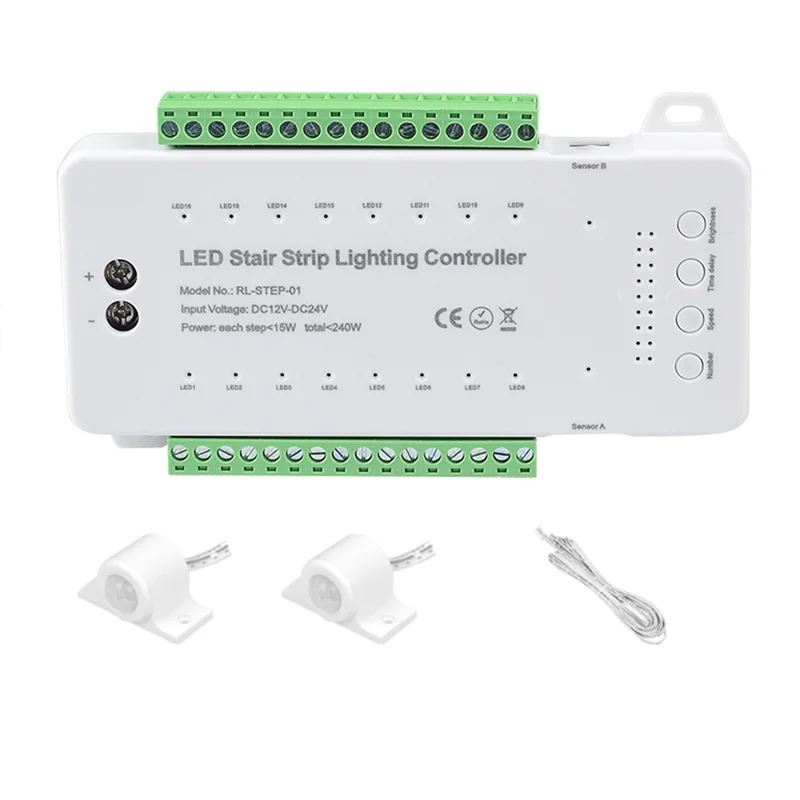 Stair LED Motion Sensor Controller DC12V 24V 16Channels Indoor PIR Night Light Dimmer for Stairs Flexible Strip(A)