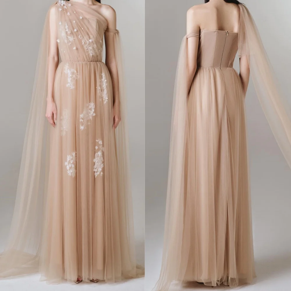 Özelleştirilmiş Karmaşık Zarif Tül Aplike Plise Dökümlü A-line Tek Omuz Uzun Elbiseler Abiye Eşleşen Nefis Yüksek