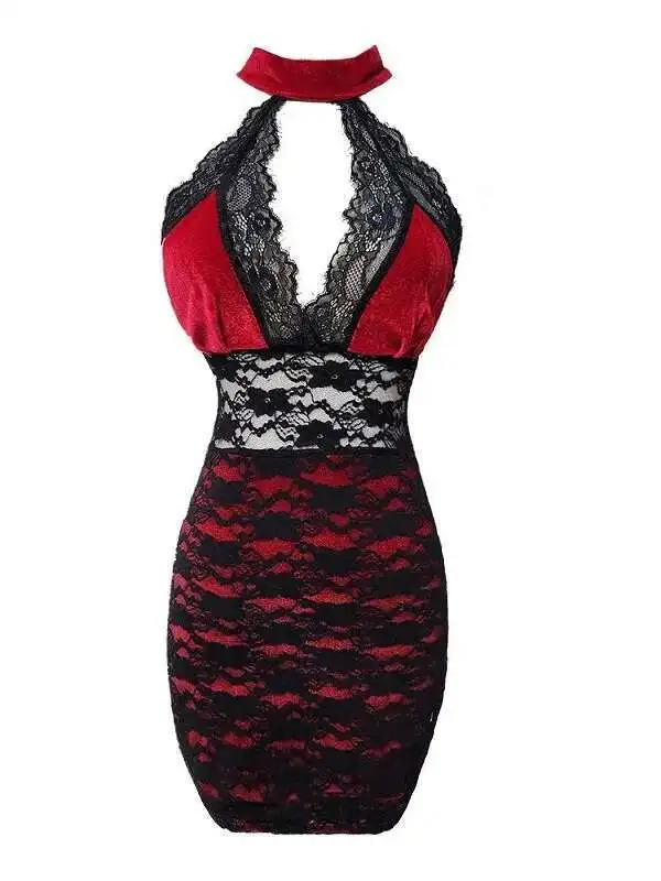 ความรู้สึกการออกแบบใหม่สไตล์จีนแขวนคอ V คอ Cheongsam ลูกไม้ Splicing เซ็กซี่เผ็ดสาวชุดแน่นเซ็กซี่เกาหลี WA4W