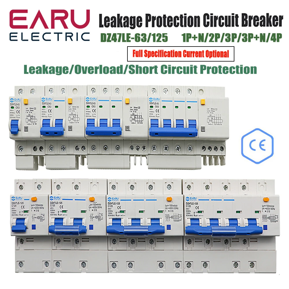 DZ47LE-63/125 Husehold Air Switch RCBO Leakage Protector 1P+N 2P 3P+N 4P AC400V Three-Phase Overload Protection Circuit Breaker