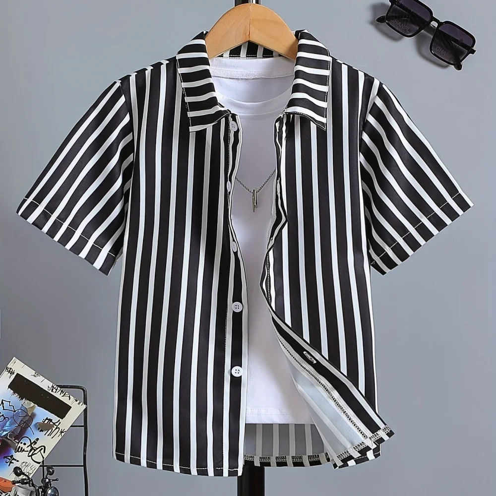 Camisa para niños, camisas de verano con estampado 3D de rayas blancas y negras, Tops informales con solapa a la moda, ropa cómoda de calle para niños