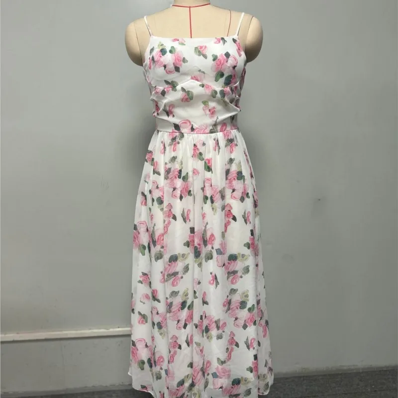 Abito estivo con bretelle con stampa floreale 2025 Abito elegante in chiffon a vita alta senza maniche Nuovo abito da ballo da sera
