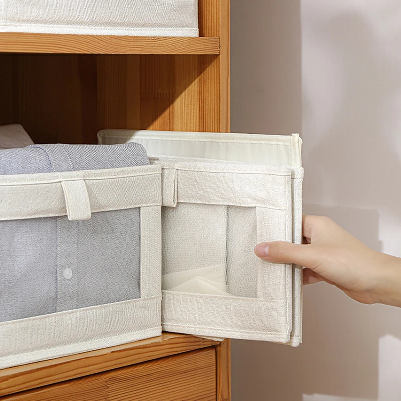 Visual Window Cotton Linen Storage Box Wardrobe Pants Clothing Storage Organization Box Foldable Fabric Storage Box