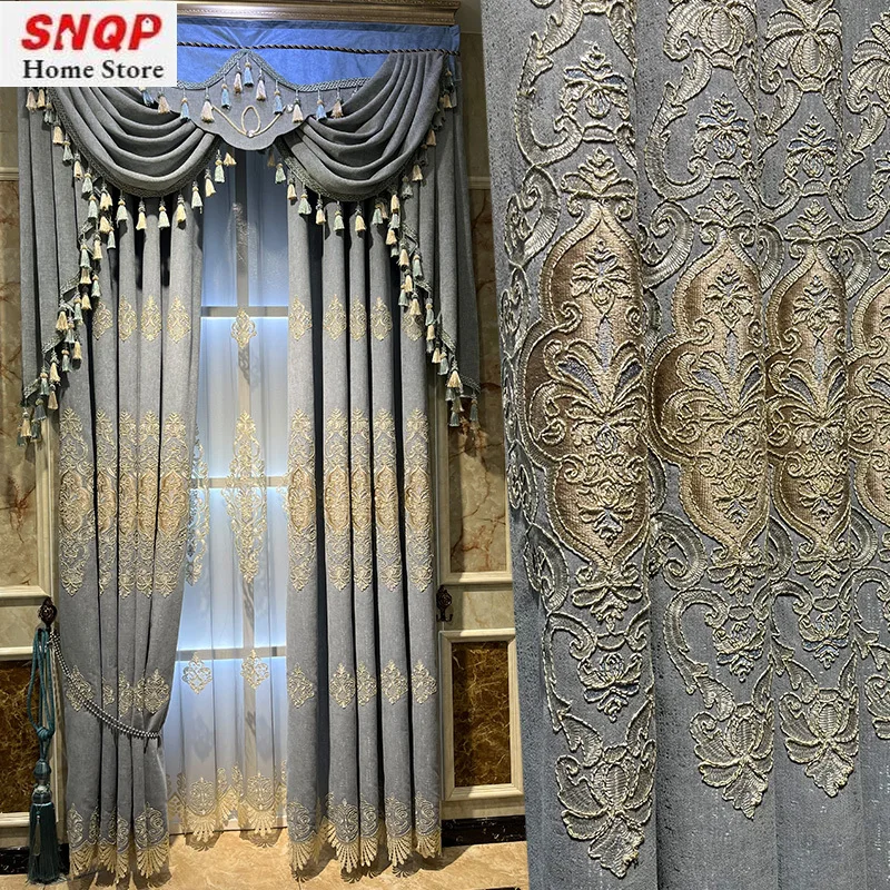 

Gray Blackout European Luxury Curtains for Living Room Bedroom Dining Embroidered Curtains Chenille Embroidered Tulle Valance