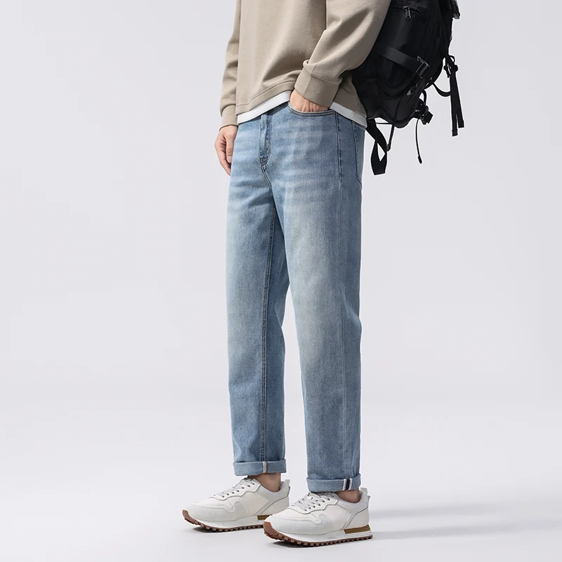 

Осень 202, американские винтажные мужские джинсы, мягкие эластичные джинсовые брюки в корейском стиле, модные зауженные прямые повседневные брюки
