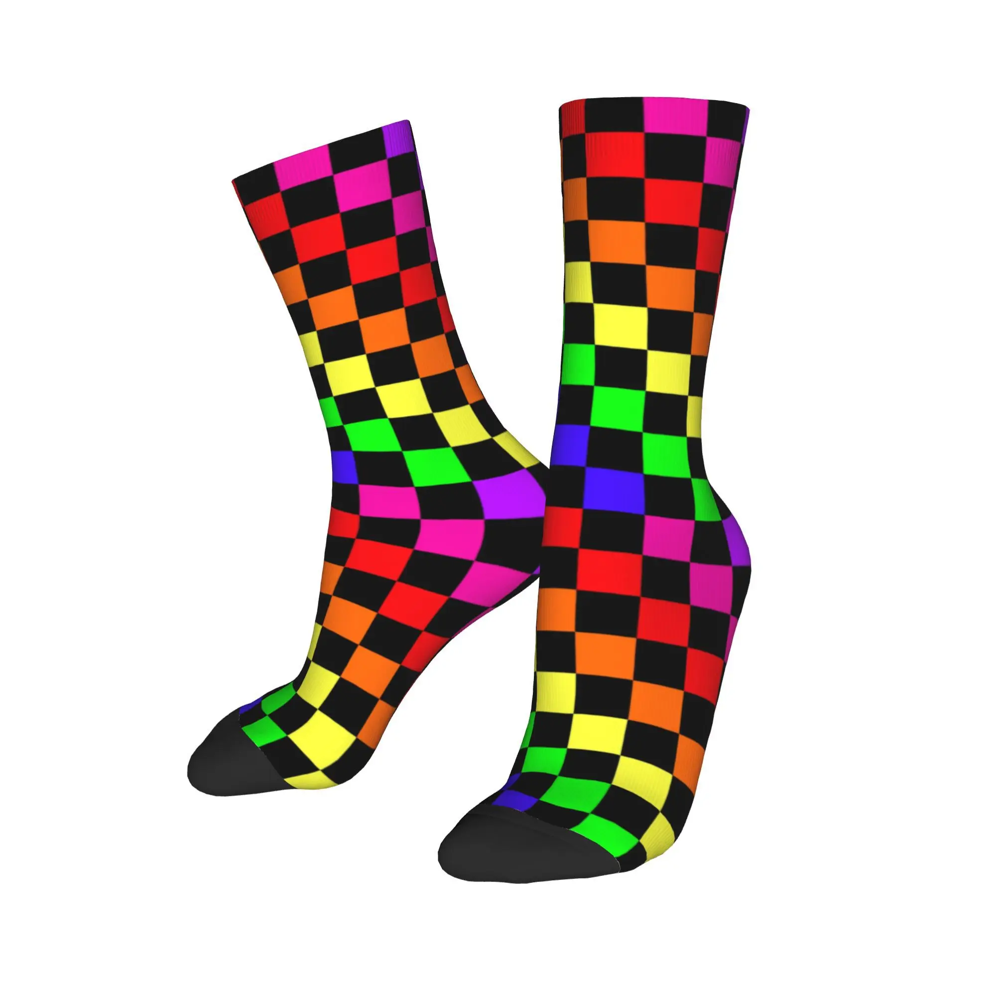 Черные носки с милым принтом в виде радужной шахматной доски для женщин и мужчин, эластичные летние, осенне-зимние носки в клетку тартан