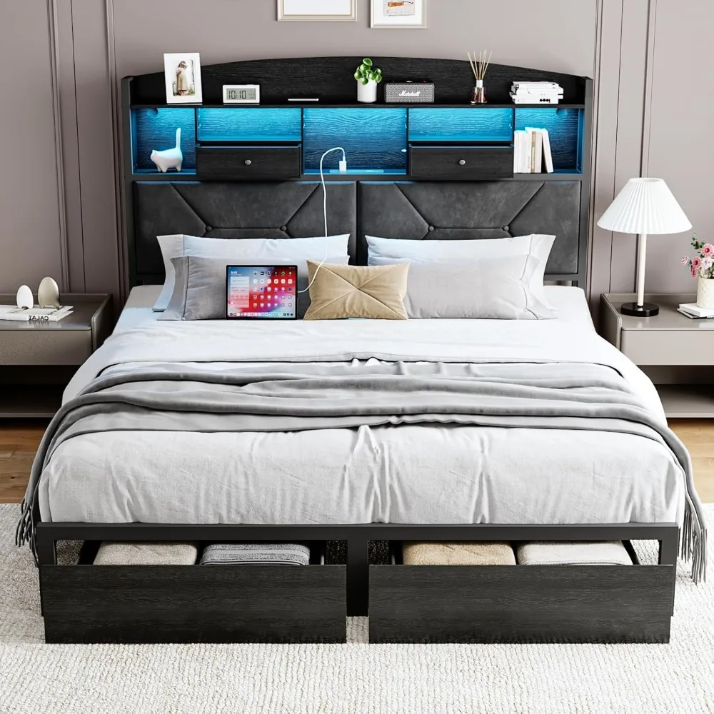 Queen Size Black Bed Frame with 4 Storage, Upholstered Velvet Platform Bed Frames with Button Tufted Headboard Led Lights, Woode