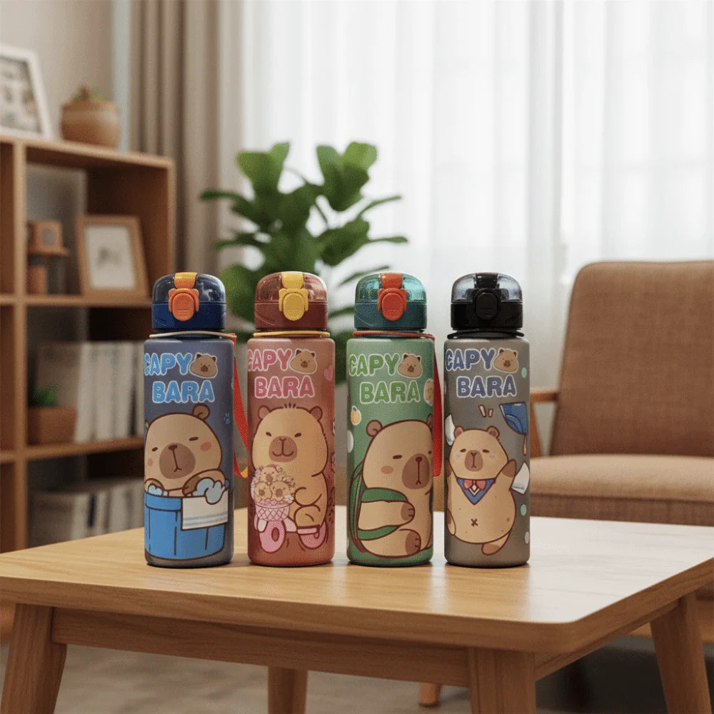 

Plastic Straw Capybara Water Bottle Large Capacity 700ml Leakproof Straw Cup Visually Appealing Carry Strap Sports Water Bottle