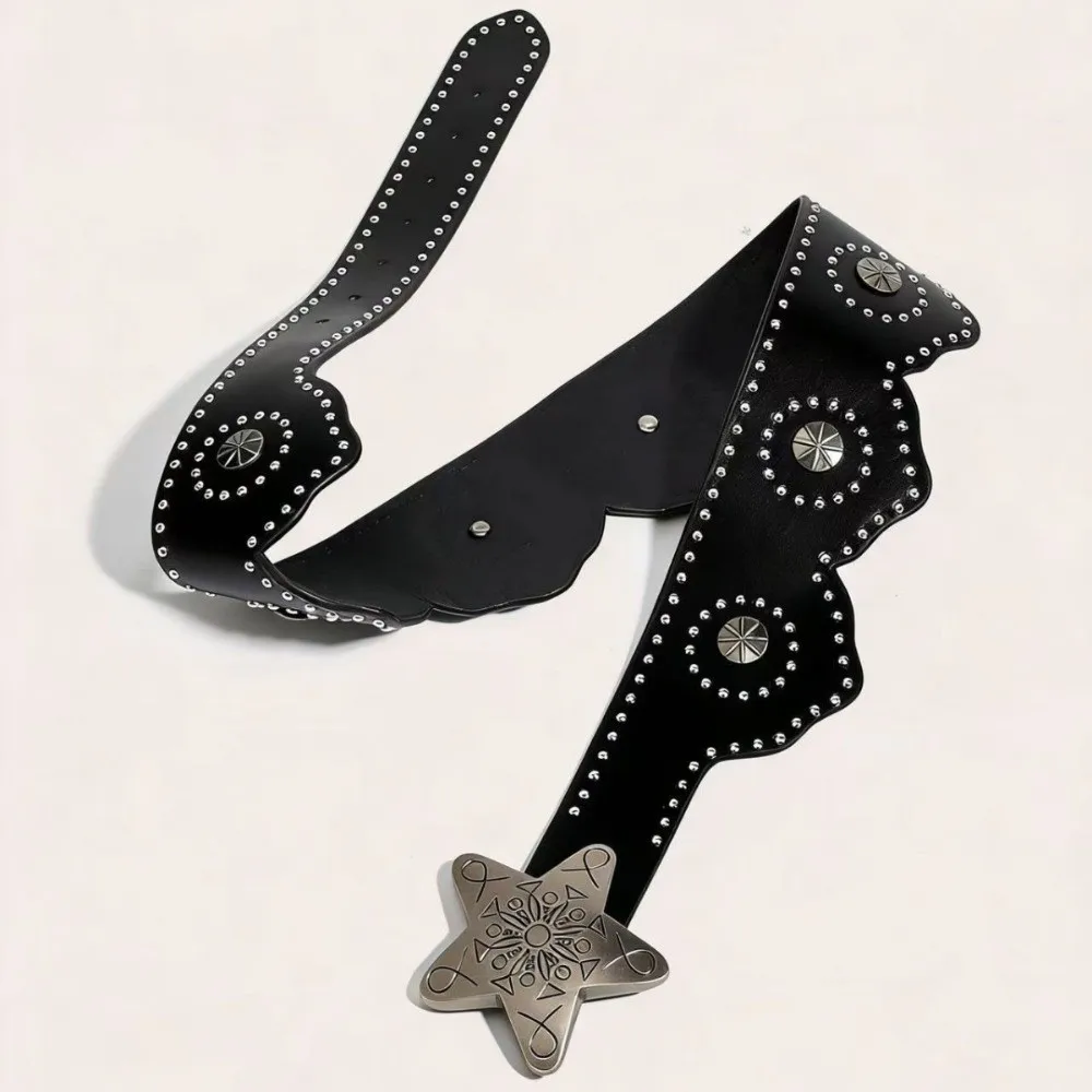 Multifunctional Star Buckle Belt Solid Color PU Leather Jeans Belt Five-Pointed Star Buckle Adjustable Wide Waistband