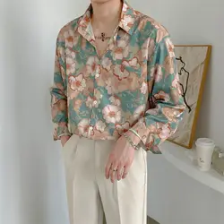 Fashion Street 3D Printed Loose Collar men's Long Sleeve Top Simple Design Floral Pattern Shirt Loose men's Long Sleeve Shirt