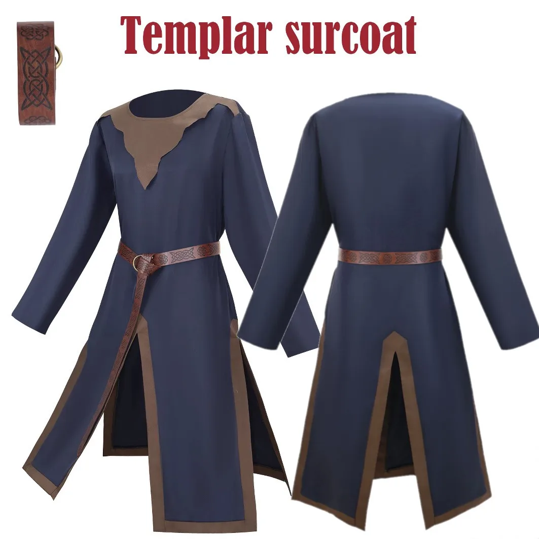 

Mens Medieval Crusader Knights Templar Tunic Cosplay Costumes Renaissance Halloween Surcoat Belt Warrior Black Plague Top