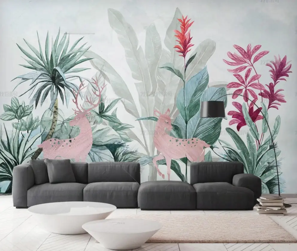 Nordic simple small fresh elk green leaves watercolor style 3d wallpaper TV sofa mural background Custom wallpaper