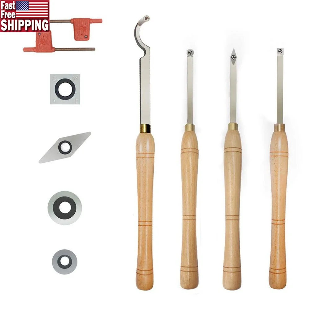 Carbide Tipped Woodturning Tool Set Combo Finisher Rougher Detailer Hollowing Swan Neck with Solid Wood Handle Includes Carbide