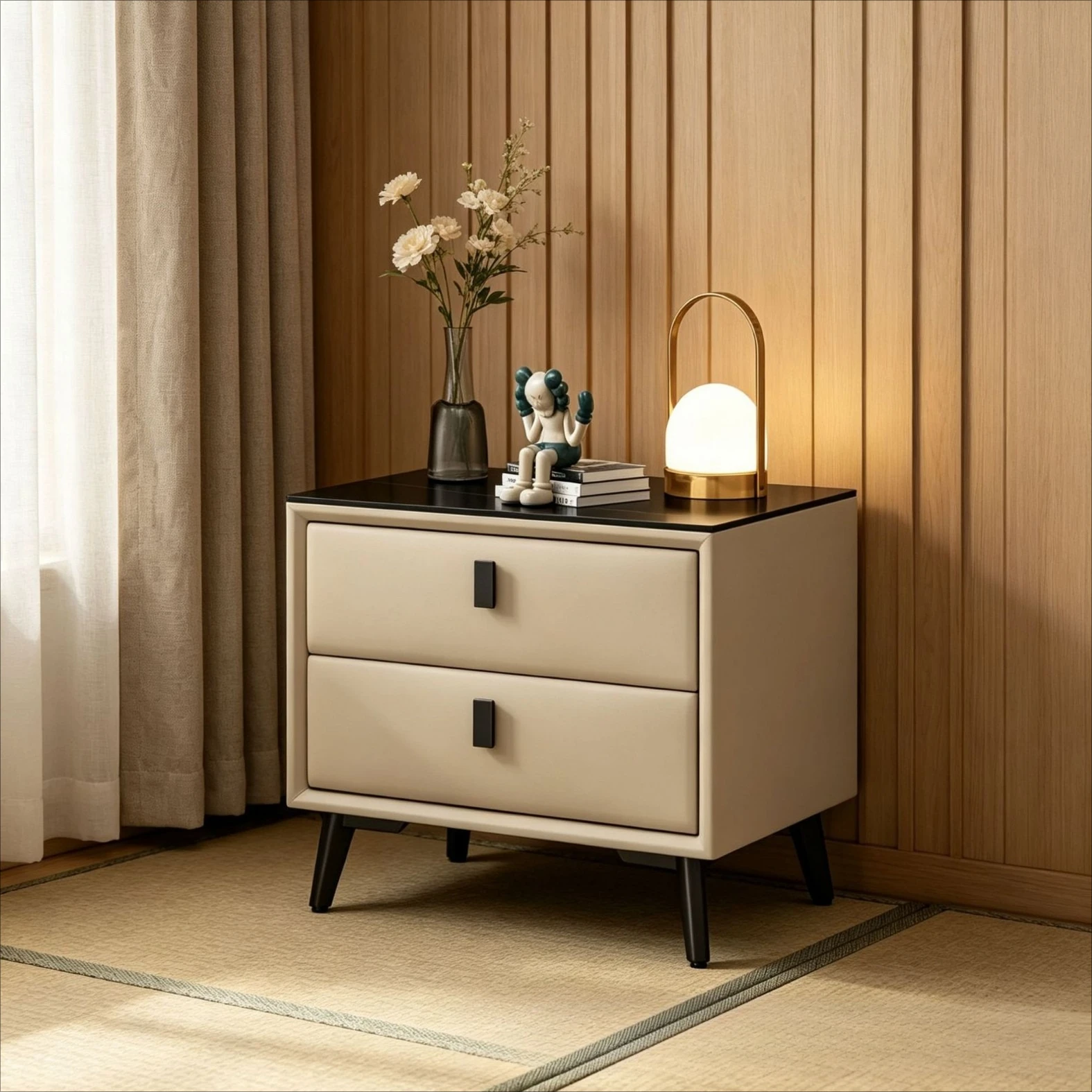 Waterproof and scratch-proof black rock slab countertop double-pumping bedside table, rounded corner anti-collision double-layer