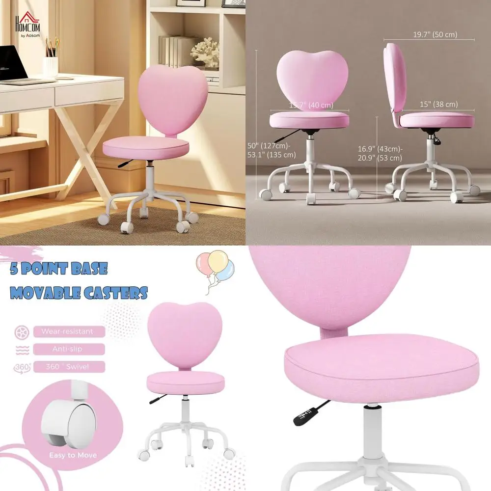 

Armless Home Office Desk Chair, Modern Fabric Makeup Vanity Chair with Heart Shape, Swivel Wheels, Height Adjustable, Pink