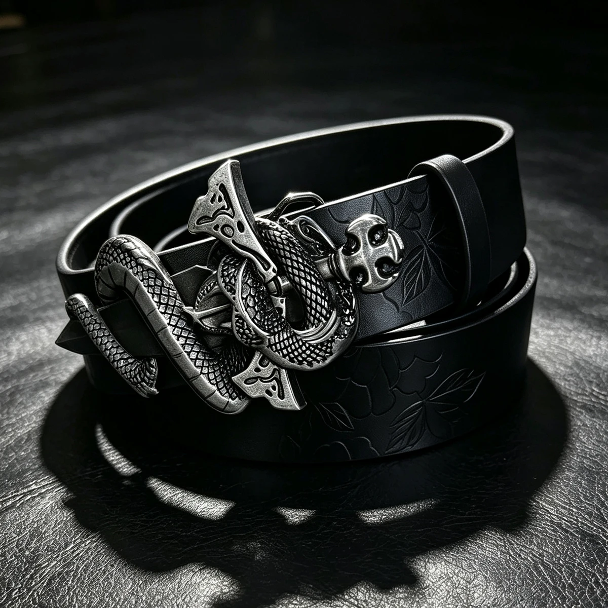 The ghost head element pistol craftsmanship Lion Spider Snake buckle Black Flower PU embossed button Gothic Women and men's belt view 2